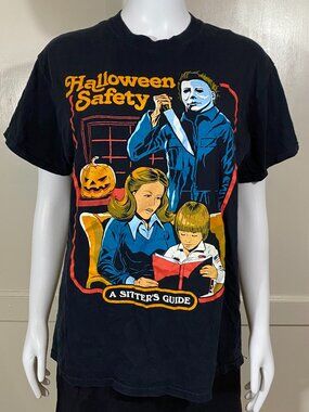 Halloween Safety Sitters Guide Black T-Shirt Micheal Myers Creepy Co Funny Sz M